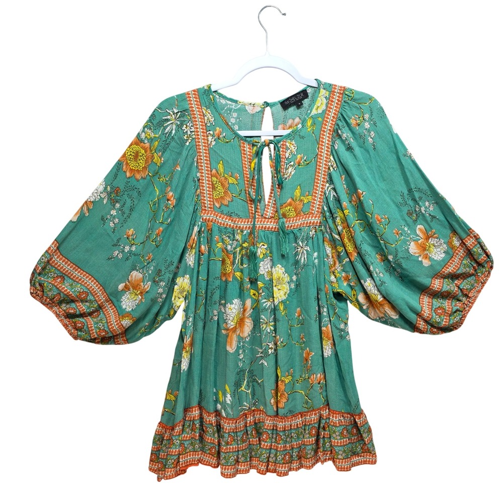 Rachel Zoe‎ Teal Green Floral Boho Babydoll Top Balloon Sleeve Womens S Colorful